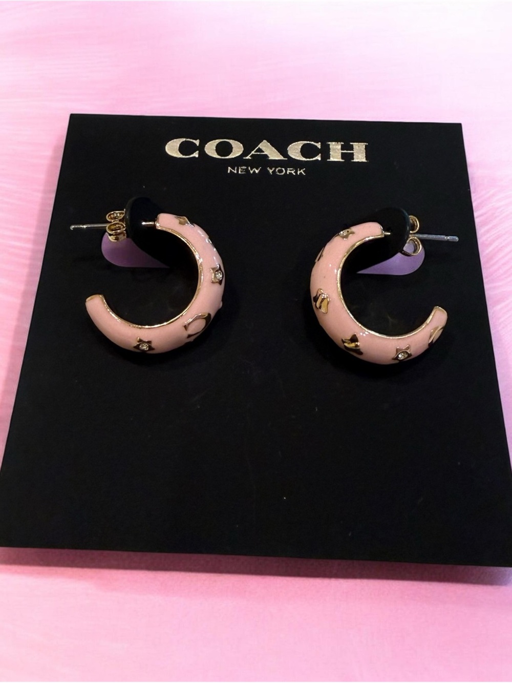 COACH Pink Enamel Hoop Earrings with Gold Star Accents